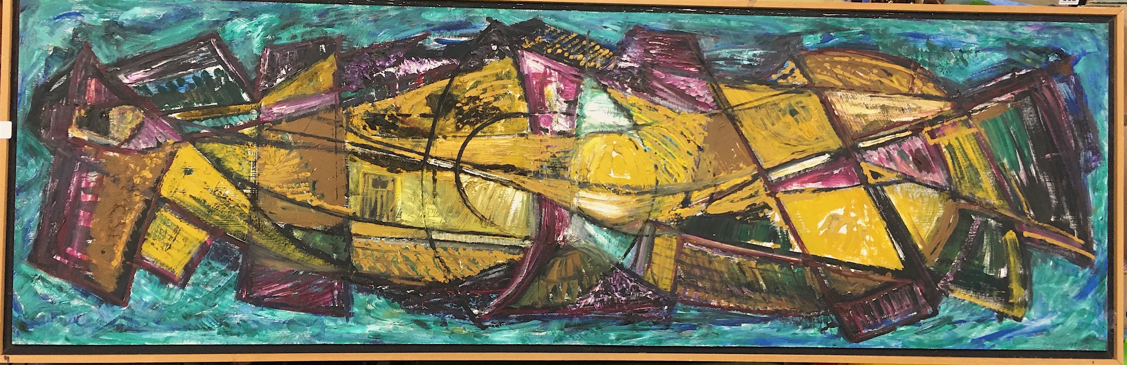 Pat Tucker, oil on board, Untitled, signed and dated 1969, 46 x 148cm